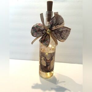 NEW Handcrafted Primitive Deer Country Christmas Lighted Wine Bottle ON TIMER
